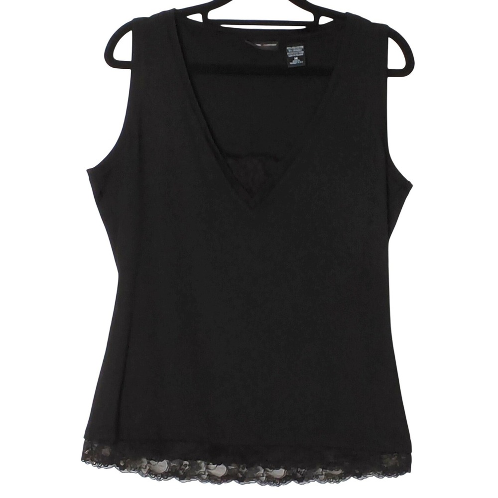 New York & Co Cami Tank Top Women Medium Black Lace Trim V-Neck Stretch